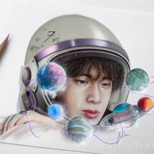 BTS Jin &#39;The Astronaut’ themed colored pencil drawing : PRINT from original fanart