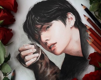 Dibujo a lápiz de color BTS V: IMPRESIÓN del fanart original