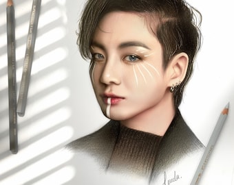 May include: A black and white pencil drawing of a person with short black hair. The person has white makeup on their face with lines extending from their eyes. The drawing is signed "Juela." and includes the text "@sinutiae".