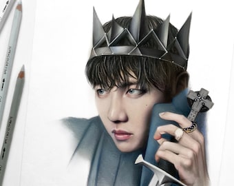 Dibujo a lápiz de colores con el tema BTS J-Hope "King": IMPRESIÓN del fanart original