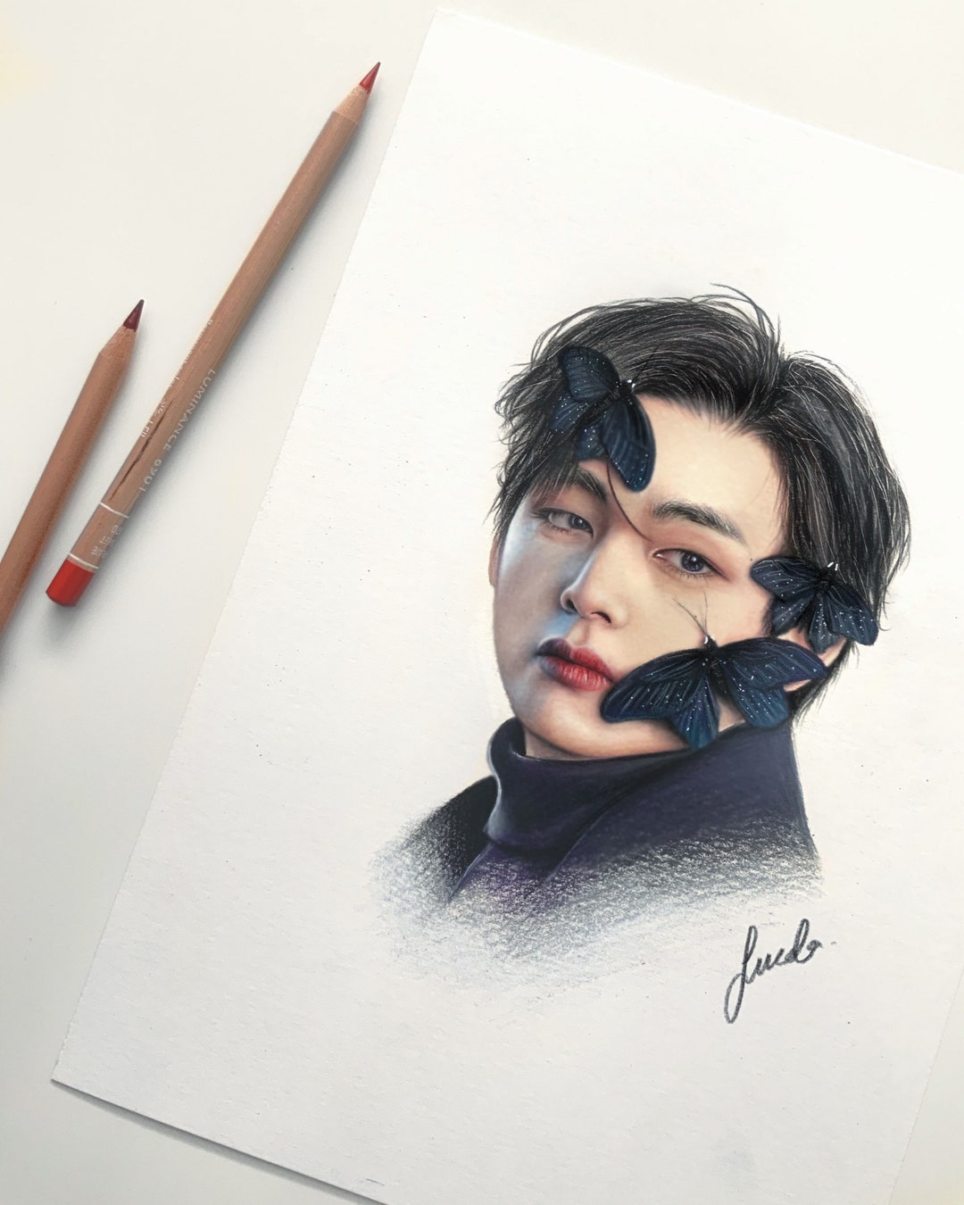 BTS V Butterfly Themed Colored Pencil Drawing : PRINT From Original ...