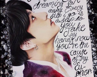 May include: A hand-drawn illustration of a person with black hair looking up at the sky. The sky is painted with a galaxy of stars and a purple and pink nebula. The illustration is accompanied by handwritten text that reads: "Hear the oceans roar and the distant waves Go beyond the shore, dreaming fan away Every step I go is a step to you Take my hands now you're the cause of my euphoria."