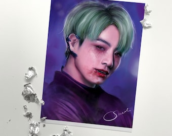 May include: A digital illustration of a person with green hair and a purple shirt. The person has blood on their face and is looking at the viewer. The background is a purple and blue gradient.