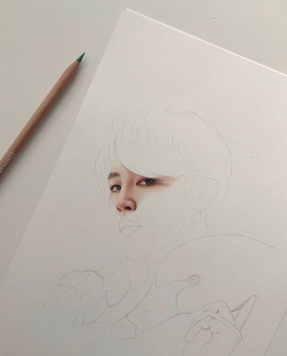 BTS ジミン「ブラックスワン」色鉛筆画：オリジナルファンアートからの