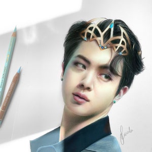 BTS Jin &#39;crown’ themed colored pencil drawing : PRINT from original fanart