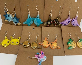 Anime eeveelution poke dangle earrings, eevee, vaporeon, jolteon, flareon, espeon, glaceon, sylveon, leafeon, umbreon