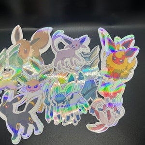 Niestandardowe błyszczące holograficzne naklejki Eeveelution, Poke, Anime, Eevee, Jolteon, Umbreon, Flareon, Slyveon