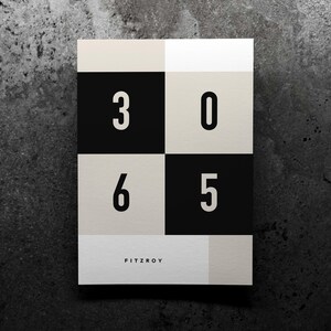 May include: A black and white grid with the numbers 3, 0, 6, and 5 printed in black on a white background. The grid is on a beige background with the word "FITZROY" printed in black at the bottom.