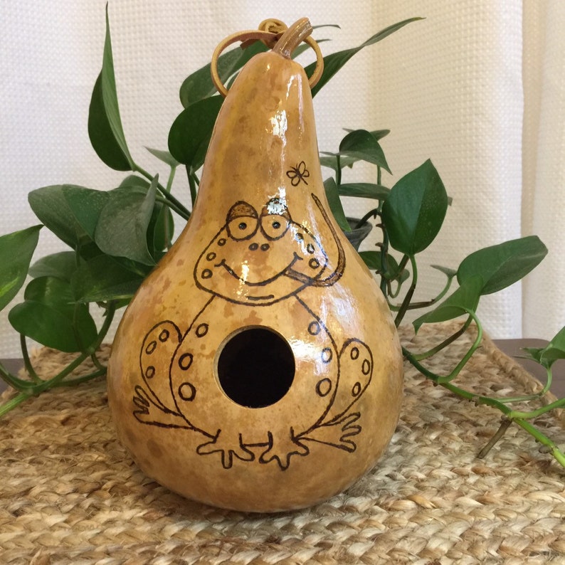 Quirky Gourd Birdhouse with Frog and Paraphrase of Mark Twain Quote About Eating the Frog First Thing in the Morning