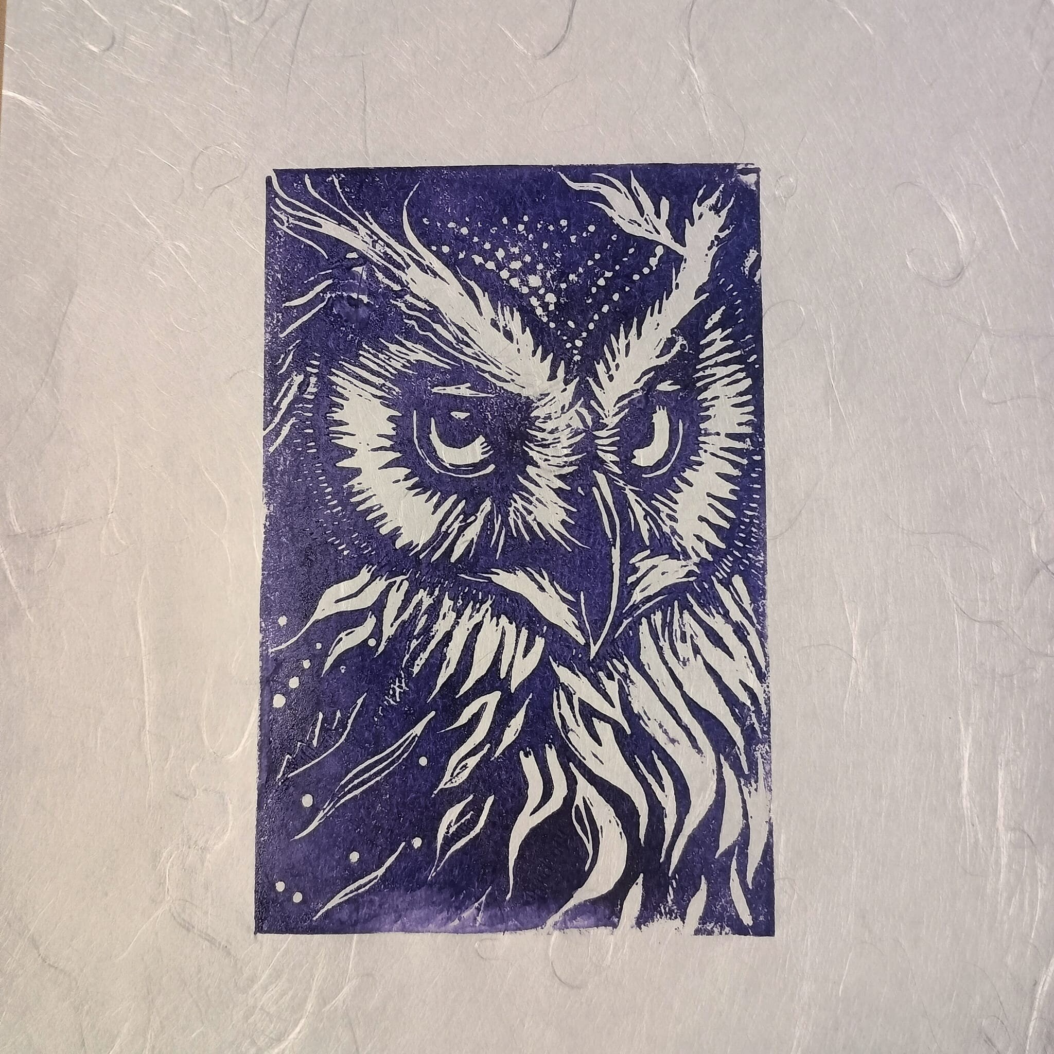 Dreamweaver's Gaze: Majestic Owl Blockprinted Portrait