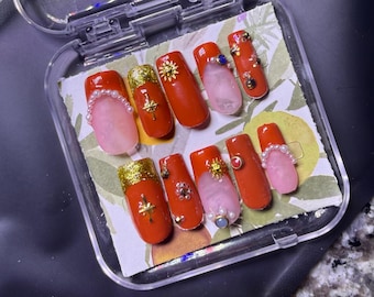 Autumn Luxe Press-Ons – Burnt Orange with Gold Sparkle