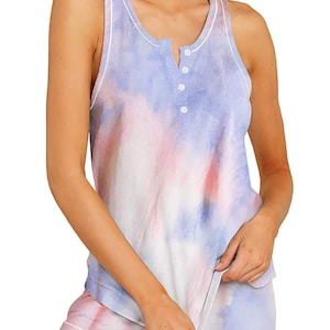 Women's Button Tank Top Tie Dye drawstring elastic shorts milk silk pajamas set sleeveless cool sleepwear nightwear