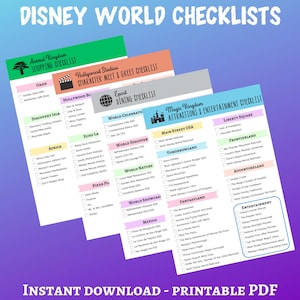 May include: A printable PDF checklist for Disney World, featuring shopping, character meet-and-greet, dining, and attractions. The checklists are organized by park and include areas like Animal Kingdom, Hollywood Studios, Epcot, and Magic Kingdom. The document is available for instant download.