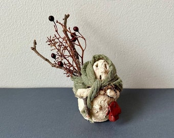 Paper-Mache Primitive Snowman Holding a Birdhouse by Chamberlain and Eisenmann