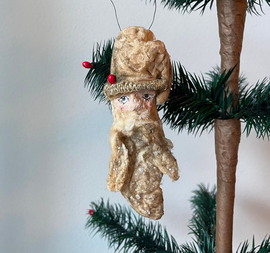 Vintage Cotton Batting and Paper Mache Santa Ornament by Etsy