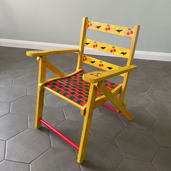 Vintage Folk Art Painted Wooden Folding Child’s Chair