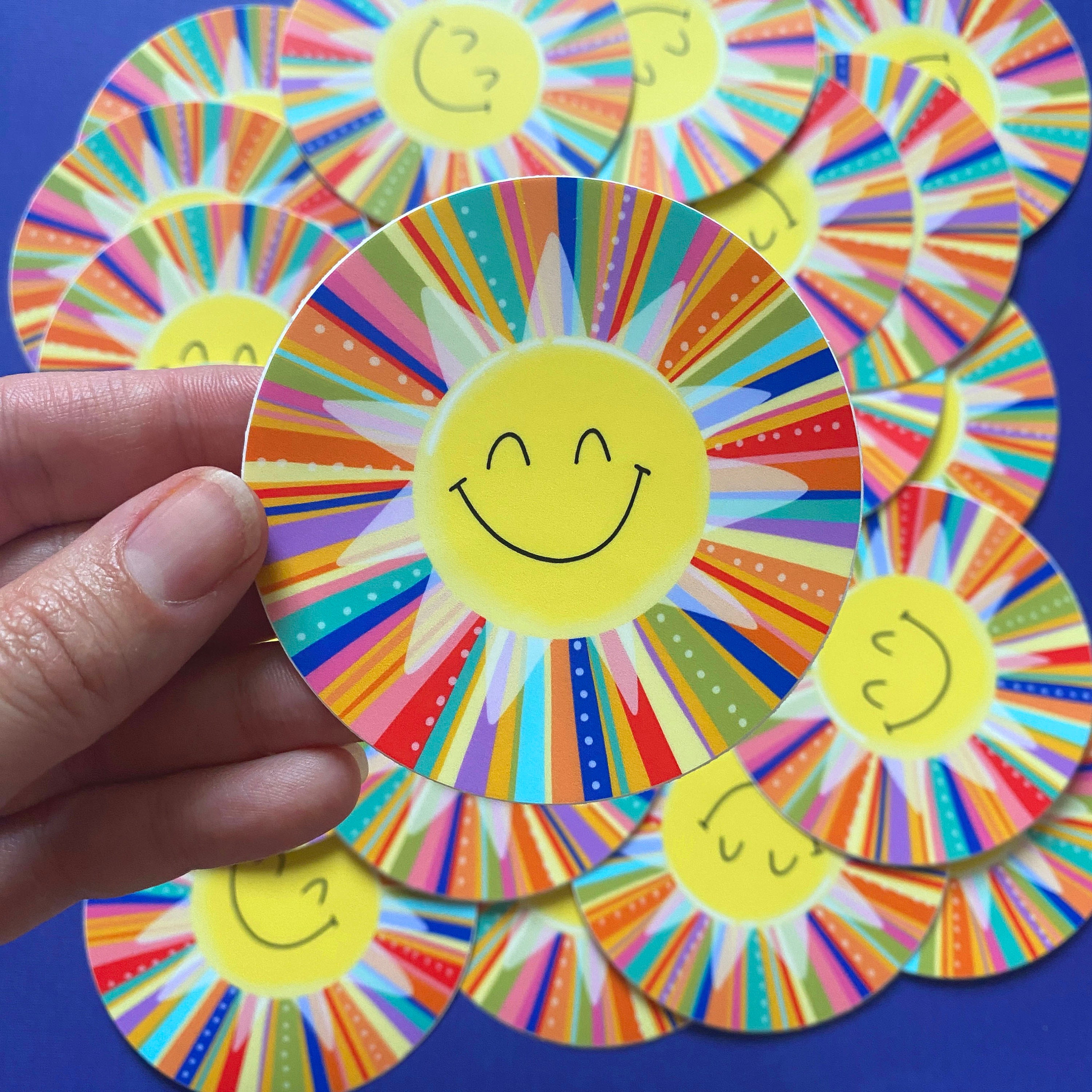 Sun Face Fun Sticker Happy Face Sun Sticker: Rainbow Sunshine, Waterproof Vinyl - Etsy