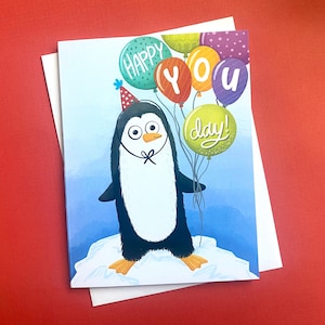 Carte de joyeux anniversaire pingouin, carte d'anniversaire, pingouin mignon avec des ballons, Happy You Day, carte de voeux pingouin, cadeau pingouin, carte animal mignon
