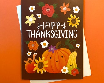 Thanksgiving Greeting Cards; happy pumpkin and squash illustration with autumn flowers