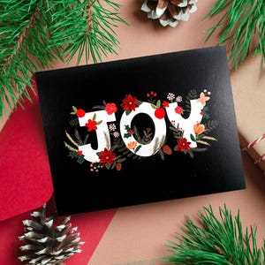 Joy Weihnachtskarte, Urlaubskarten, Florale Weihnachtskarten, Urlaub Grußkarte, Illustrierte Weihnachtsgrüße, Weihnachten Botanisch