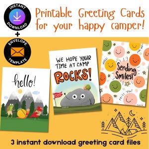 Cartões de acampamento de verão para download digital, cartões para enviar para as crianças no acampamento, bilhete de acampamento para dormir fora de casa para imprimir, cartas para campistas de casa