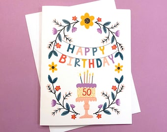 50th Birthday Card: Floral Cake Design