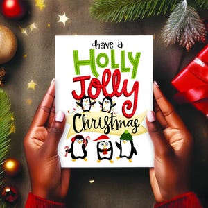 Cartão de Natal Pinguim, Cartão de Natal Holly Jolly, Cartão de Natal, Cartão de Natal Animal Fofo, Cartão de Natal Ilustrado