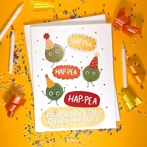 Biglietto di compleanno Hap-Pea, biglietto di compleanno con gioco di parole sul cibo, compleanno con gioco di parole, biglietto di compleanno con formaggio, biglietti di compleanno con cibo, biglietto di compleanno con gioco di parole