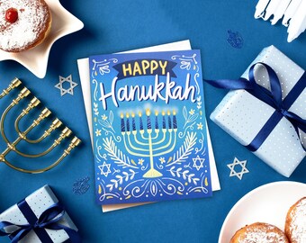 Cartes de voeux Happy Hanoucca, cadeaux de Hanoucca, carte de Hanoucca, cartes de Hanoucca Menorah, carte de voeux de Hanoucca, cartes de vacances juives