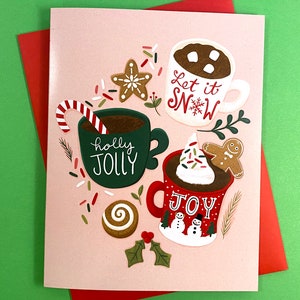 Niedliche Weihnachtskarten, Heiße Kakao Weihnachtskarte, Niedliche Urlaubskarten, Rosa Weihnachtsgrußkarten, Weihnachtsillustrations-Grußkarten