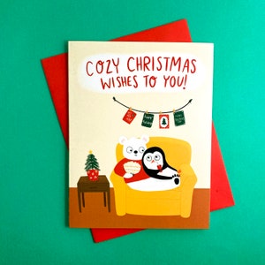 Gezellige kerstkaart, kerstkaarten voor dieren, kerstkaarten ijsbeer, kerstkaart pinguïn, kerstkaarten pinguïn