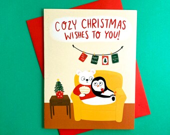 Cozy Christmas Card, Animal Holiday Cards, Polar Bear Christmas Cards, Penguin Christmas Card, penguin holiday cards