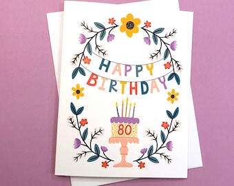 Tarjeta de cumpleaños número 80: Diseño de pastel floral