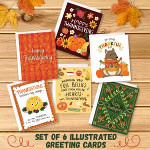 Juego de 6 tarjetas de Acción de Gracias, tarjetas ilustradas de otoño con acogedoras vibraciones otoñales