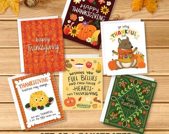 Thanksgiving Cards Set of 6, Fall lllustrated note cards with cozy autumn vibes