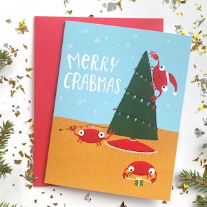 Tarjeta de vacaciones tropicales, tarjeta de Navidad costera, tarjetas de Navidad playeras, tarjeta de Navidad de cangrejo, tarjeta de Navidad del océano, tarjetas de vacaciones