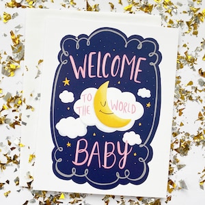 Tarjeta de bienvenida al bebé, tarjeta de baby shower para niña, tarjeta de felicitaciones para niña, tarjeta para niña, tarjeta para niña con luna, tarjeta para bebé recién nacido, tarjeta para recién nacido