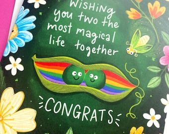 Rainbow Pea Pod Wedding Card: LGBTQ+ Engagement Gift