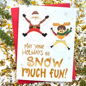 Cartão de Natal de Papai Noel e Alce, cartão de Natal de anjo de neve, Cartão de Natal de trocadilho, Snow Much Fun, Cartões de Natal engraçados, cartão de Papai Noel engraçado