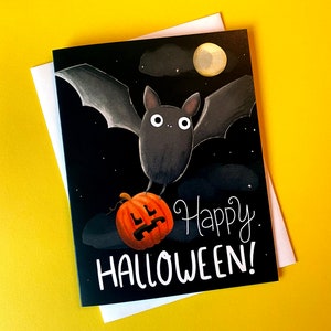 Karta z pozdrowieniami na Halloween, słodka karta na Halloween dla dzieci, karta na szczęśliwe Halloween, zabawne karty na Halloween, pusta karta na Halloween, karta nietoperza
