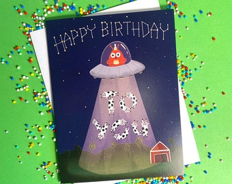 Tarjeta de cumpleaños extraterrestre: Diseño divertido de ovni espacial