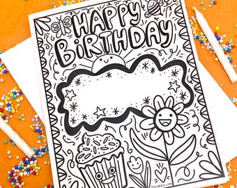 Happy Birthday Coloring Card for Kids: Creative Gift, Color your own greeting card