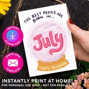 Biglietto di auguri di compleanno di luglio per lei: biglietto di auguri stampabile (download digitale, PDF, modello di busta incluso)