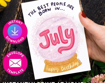 July Birthday Card For Her: Printable greeting card (Digital Download, PDF, Envelope Template Included)