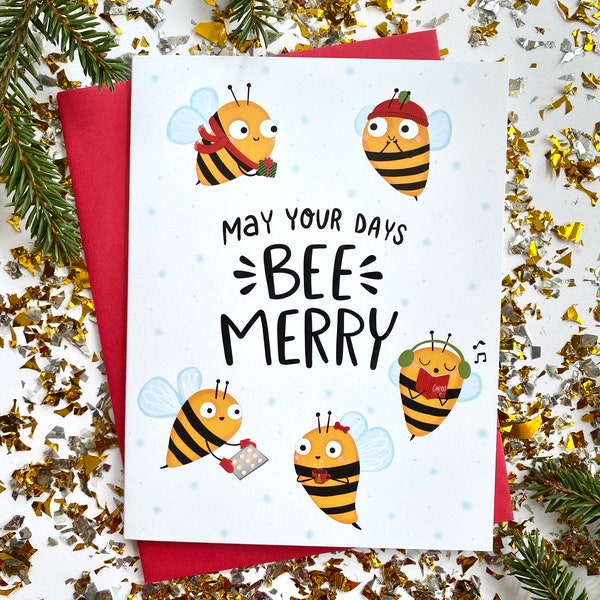 Bee Christmas Card, Holiday Cards, Cute Christmas Card, Funny Christmas Card, Christmas Card Bee, Christmas Bee, Bee Merry, Bee Card, Bees