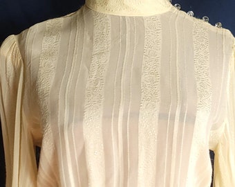 70s Victorian Gauze Blouse: Prairie Cottagecore Glass Button Top TRUE VINTAGE