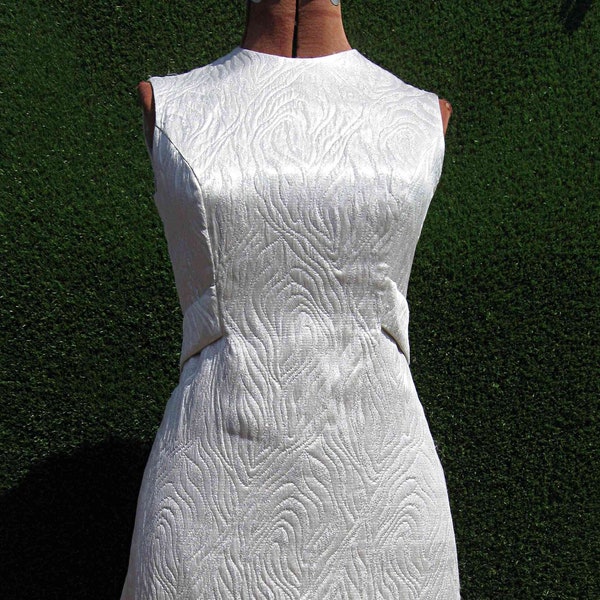 60's silver Mod midi wiggle dress white satin with lurex zebra quilting brocart and built in rhinestone belt Small