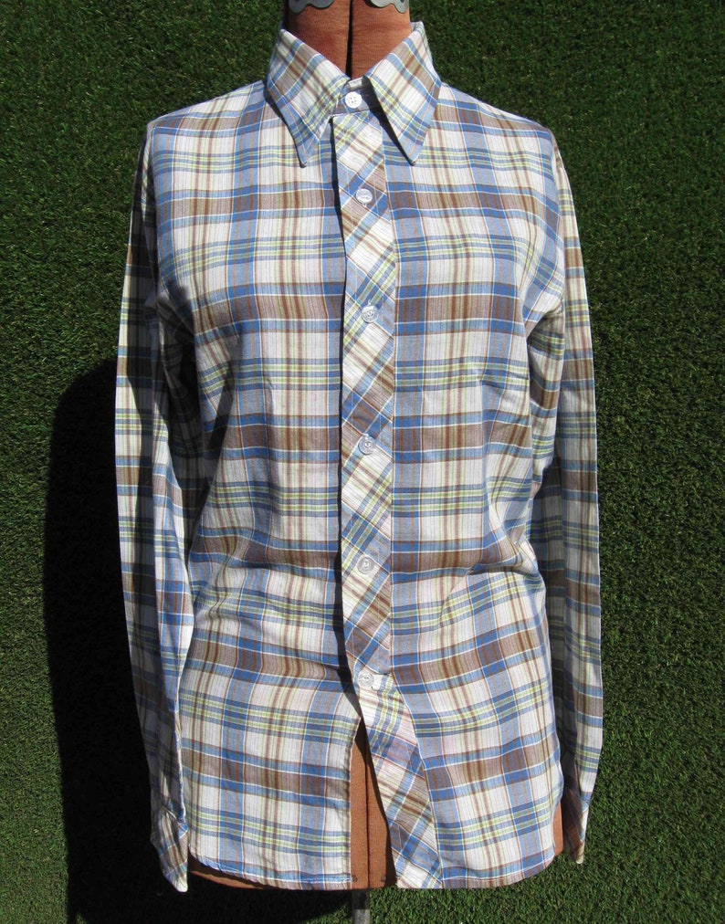 70/'s western plaid button down dagger collar Cowboy work shirt Medium
