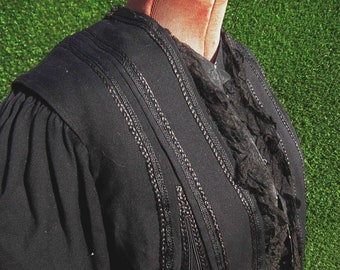1860s Wool Victorian Mourning Jacket, Mutton Sleeves, Braid Trim, Civil War Era