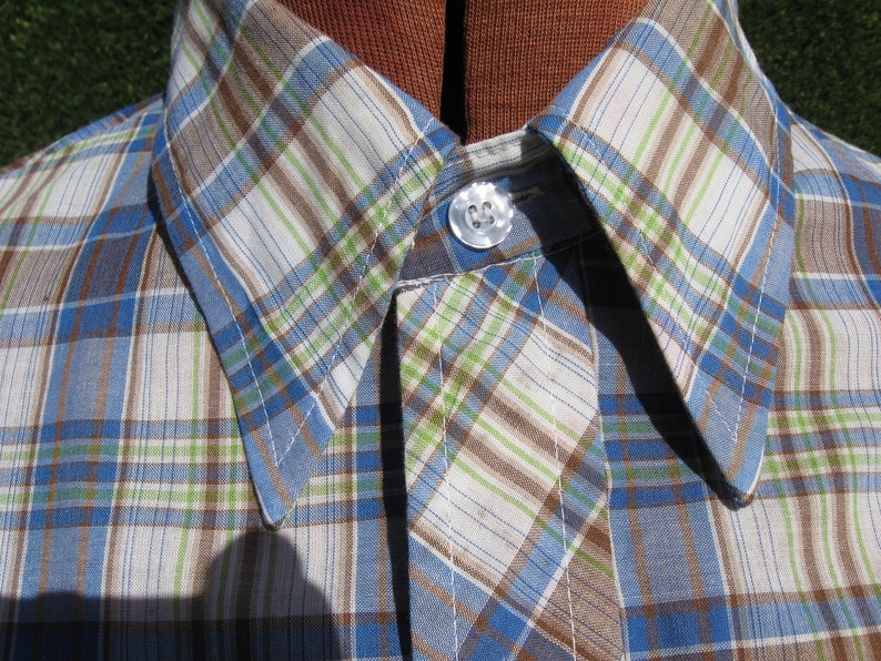 70/'s western plaid button down dagger collar Cowboy work shirt Medium